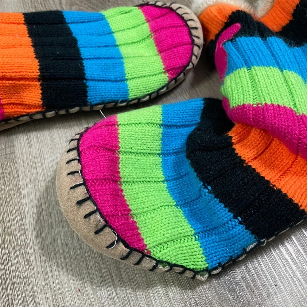 Disney Mickey Mouse Slipper Boots Kids Large XL Striped Knit Faux‎ Fur Lined